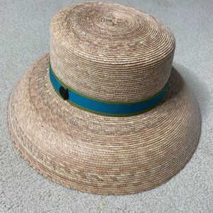 Tula Sun Hat Wide Curled Brim Tan/Blue Straw Made In Mexico Austin, Tx